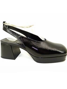 Maria Luca Black Patent Slingback Block Heels with Gold Chain